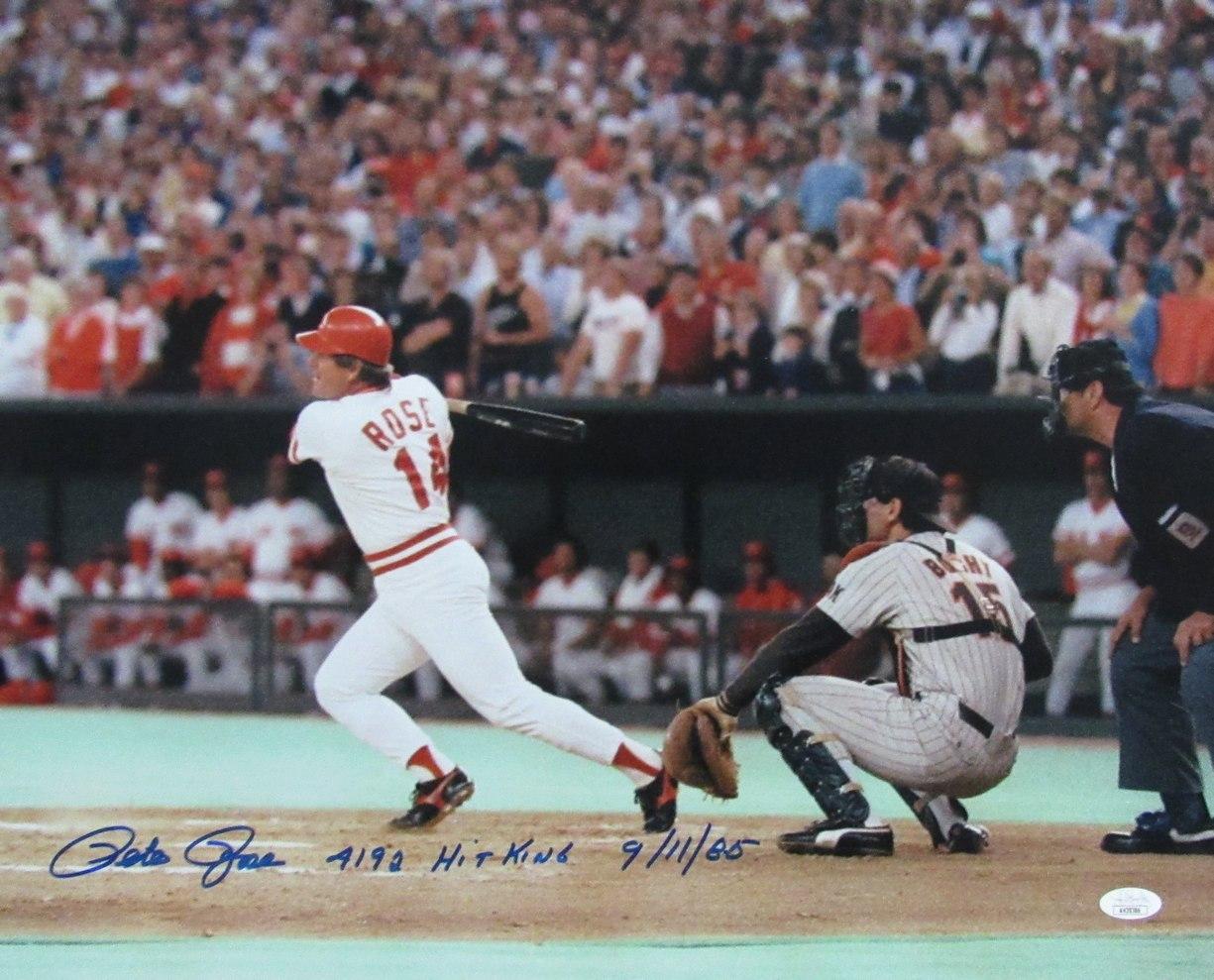 Pete Rose Signed Reds 16x20 Photo Inscribed "Hit King", "9/11/85" & "#4256" (JSA) at PristineAuction.com Pete Rose Signed Reds 16x20 Photo Inscribed "Hit King", "9/11/85" & "#4256" (JSA) at PristineAuction.com