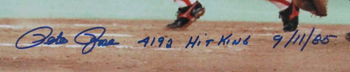 Pete Rose Signed Reds 16x20 Photo Inscribed "Hit King", "9/11/85" & "#4256" (JSA) at PristineAuction.com Pete Rose Signed Reds 16x20 Photo Inscribed "Hit King", "9/11/85" & "#4256" (JSA) at PristineAuction.com