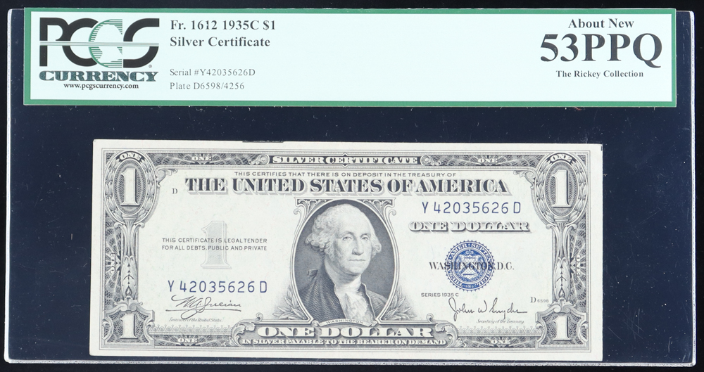 1935-C U.S. $1 Silver Certificate - The Rickey Collection (PCGS ABOUT NEW 53 PPQ) at PristineAuction.com 1935-C U.S. $1 Silver Certificate - The Rickey Collection (PCGS ABOUT NEW 53 PPQ) at PristineAuction.com