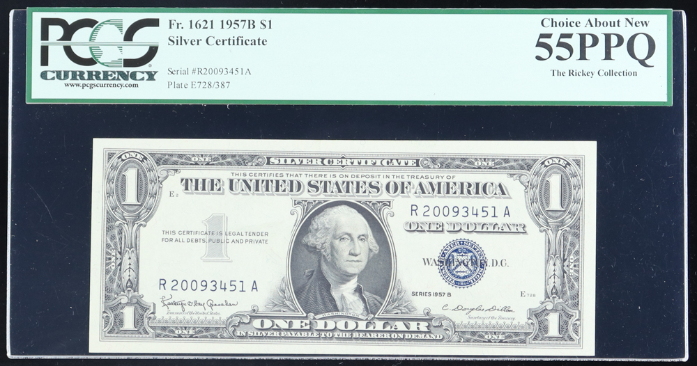 1957-B U.S. $1 Silver Certificate - The Rickey Collection (PCGS CHOICE ABOUT NEW 55PPQ) at PristineAuction.com 1957-B U.S. $1 Silver Certificate - The Rickey Collection (PCGS CHOICE ABOUT NEW 55PPQ) at PristineAuction.com