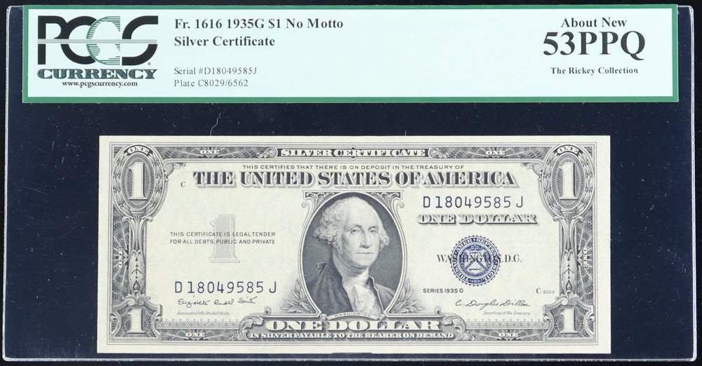1935-G (NO MOTTO) U.S. $1 Silver Certificate - The Rickey Collection (PCGS ABOUT NEW 53 PPQ) at PristineAuction.com 1935-G (NO MOTTO) U.S. $1 Silver Certificate - The Rickey Collection (PCGS ABOUT NEW 53 PPQ) at PristineAuction.com