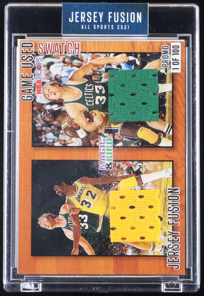 Magic Johnson / Larry Bird 2021 Sportscards.com Jersey Fusion Game-Used Swatch #JRLBEJ #1/100 at PristineAuction.com Magic Johnson / Larry Bird 2021 Sportscards.com Jersey Fusion Game-Used Swatch #JRLBEJ #1/100 at PristineAuction.com