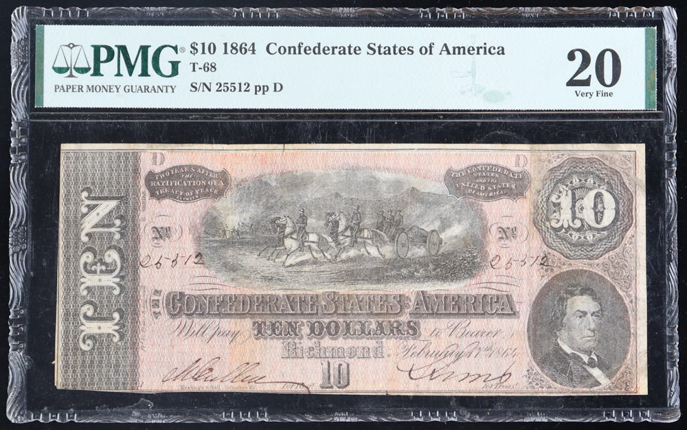 1864 Confederate $10 Note T-68 (PMG VF20) at PristineAuction.com 1864 Confederate $10 Note T-68 (PMG VF20) at PristineAuction.com