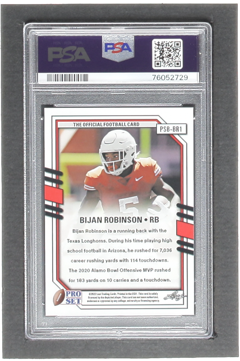 Bijan Robinson 2022 Pro Set Draft Metal Purple Prismatic #PSBBR1 RC (PSA 9) at PristineAuction.com Bijan Robinson 2022 Pro Set Draft Metal Purple Prismatic #PSBBR1 RC (PSA 9) at PristineAuction.com