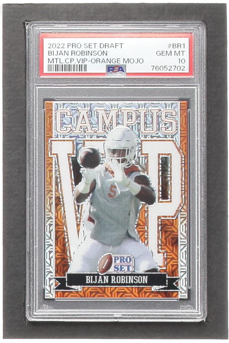 Bijan Robinson 2022 Leaf Pro Set Draft Metal Campus VIP Orange Mojo #VIPBR1 RC (PSA 10) at PristineAuction.com Bijan Robinson 2022 Leaf Pro Set Draft Metal Campus VIP Orange Mojo #VIPBR1 RC (PSA 10) at PristineAuction.com