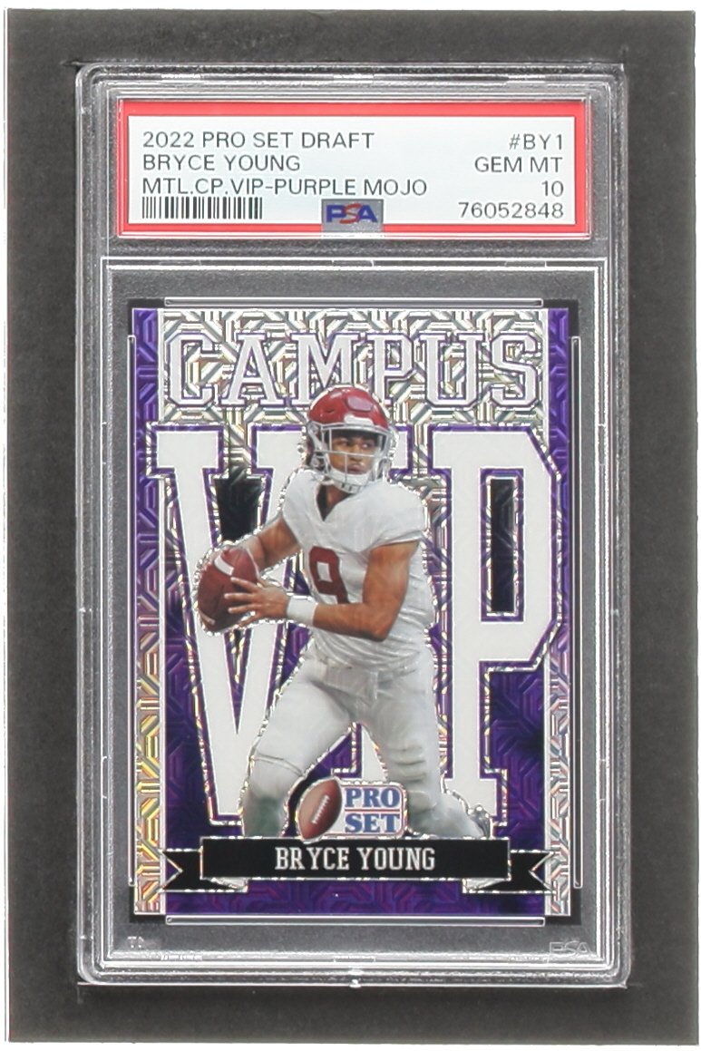 Bryce Young 2022 Leaf Pro Set Draft Metal Campus VIP Purple Mojo #VIPBY1 RC (PSA 10) at PristineAuction.com Bryce Young 2022 Leaf Pro Set Draft Metal Campus VIP Purple Mojo #VIPBY1 RC (PSA 10) at PristineAuction.com