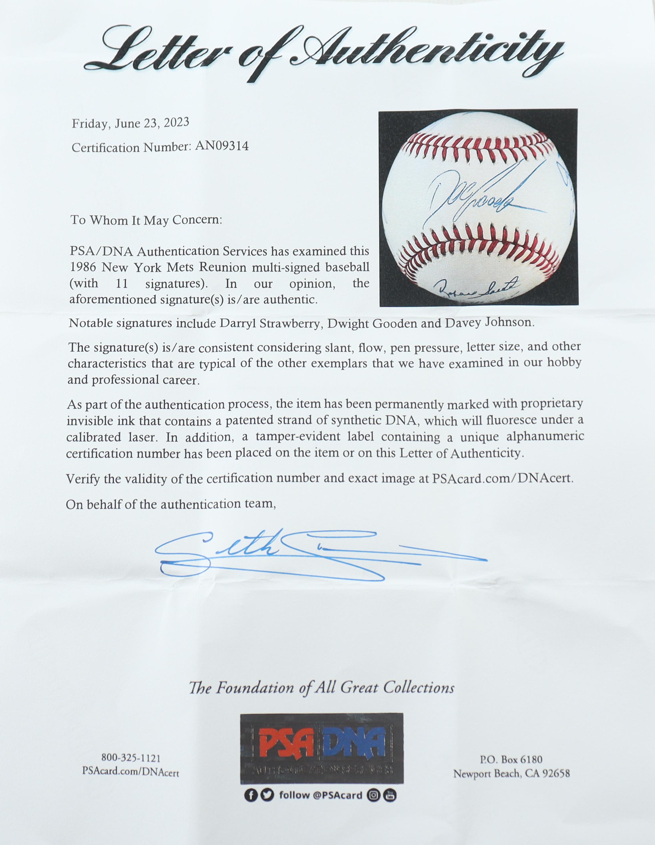 1986 Mets Reunion ONL Baseball Signed By (11) with Darryl Strawberry, Dwight Gooden, Davey Johnson (PSA) at PristineAuction.com 1986 Mets Reunion ONL Baseball Signed By (11) with Darryl Strawberry, Dwight Gooden, Davey Johnson (PSA) at PristineAuction.com