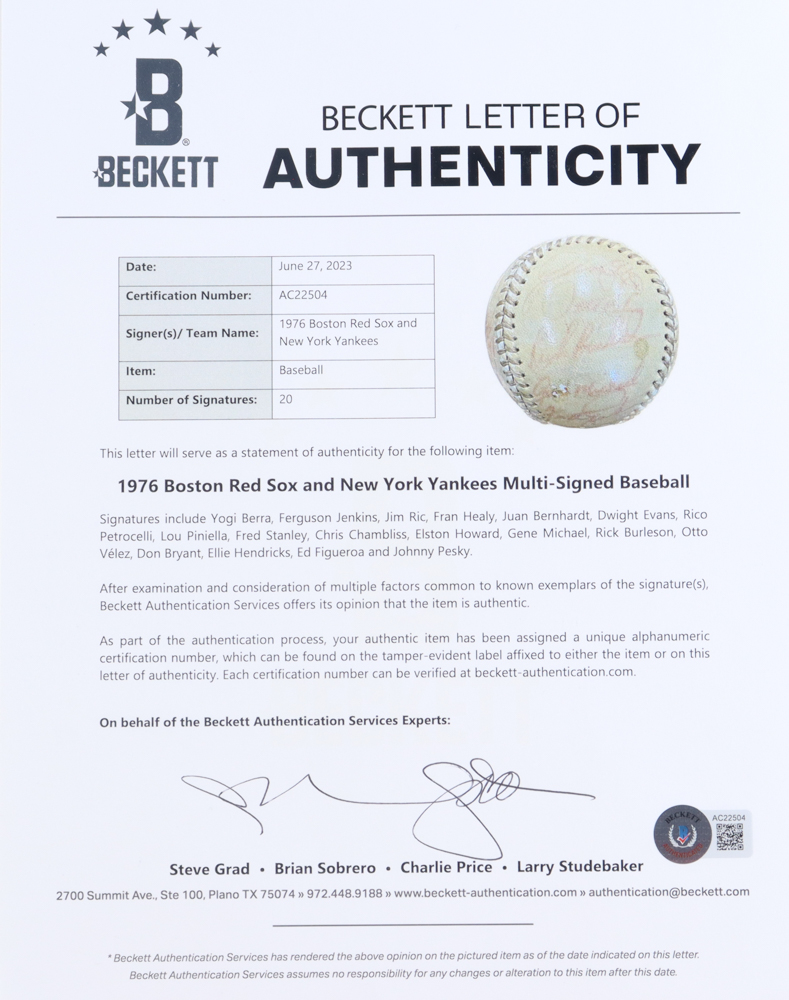 OAL Baseball Signed by (20) with Yogi Berra, Ferguson Jenkins, Jim Ric, Fran Healy (Beckett) at PristineAuction.com OAL Baseball Signed by (20) with Yogi Berra, Ferguson Jenkins, Jim Ric, Fran Healy (Beckett) at PristineAuction.com