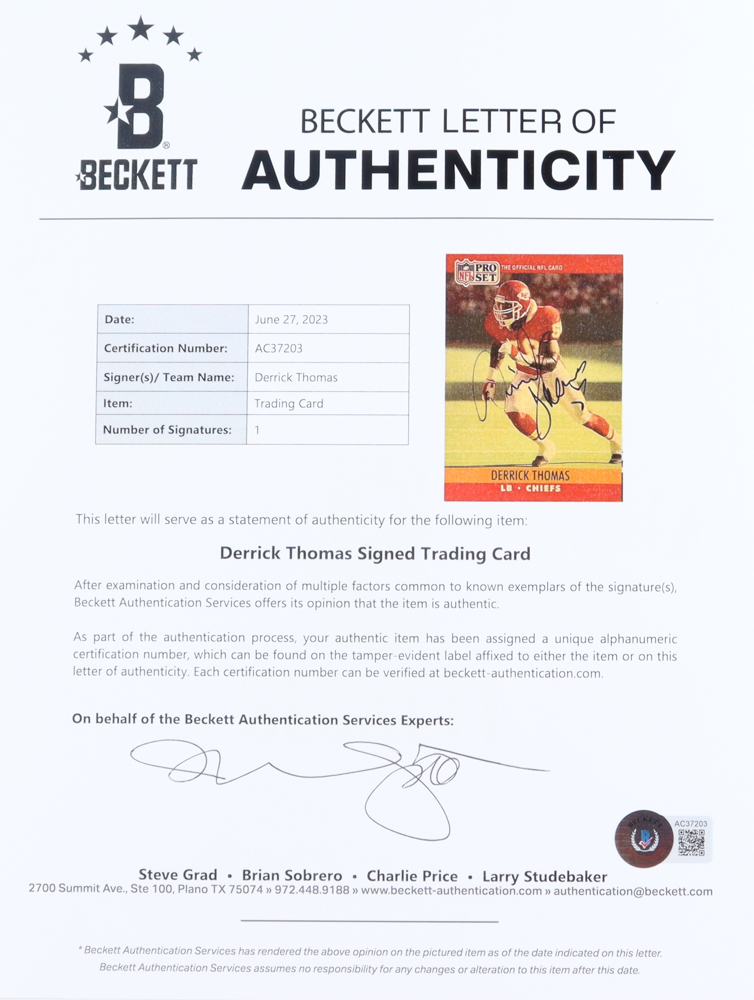 Derrick Thomas Signed 1990 Pro Set #536 (Beckett) at PristineAuction.com Derrick Thomas Signed 1990 Pro Set #536 (Beckett) at PristineAuction.com
