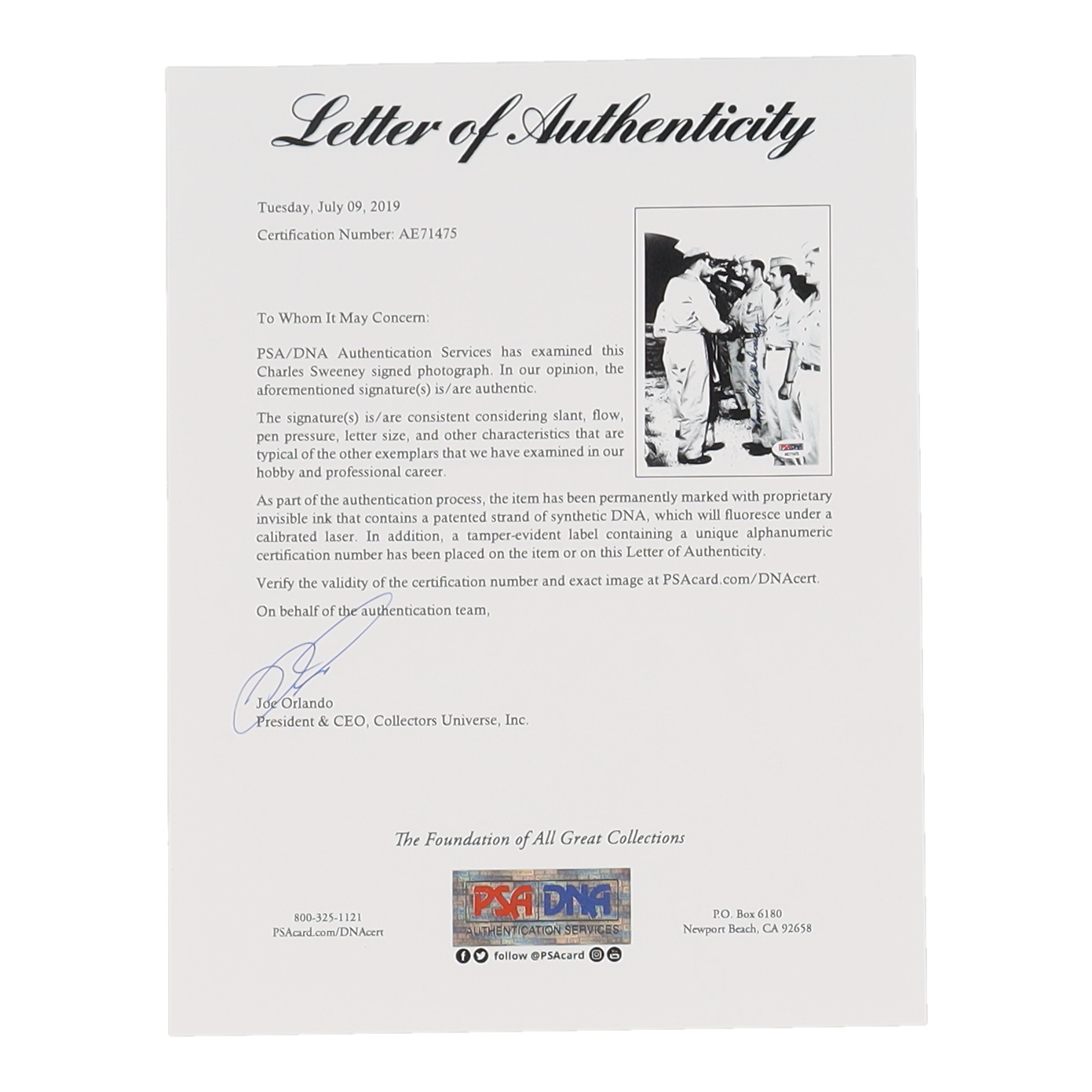 Charles Sweeney Signed 5x7 Photo (PSA) at PristineAuction.com Charles Sweeney Signed 5x7 Photo (PSA) at PristineAuction.com