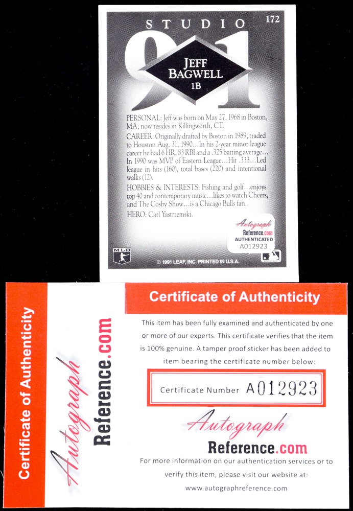 Jeff Bagwell Signed 1991 Studio #172 RC (Autograph Reference) at PristineAuction.com Jeff Bagwell Signed 1991 Studio #172 RC (Autograph Reference) at PristineAuction.com