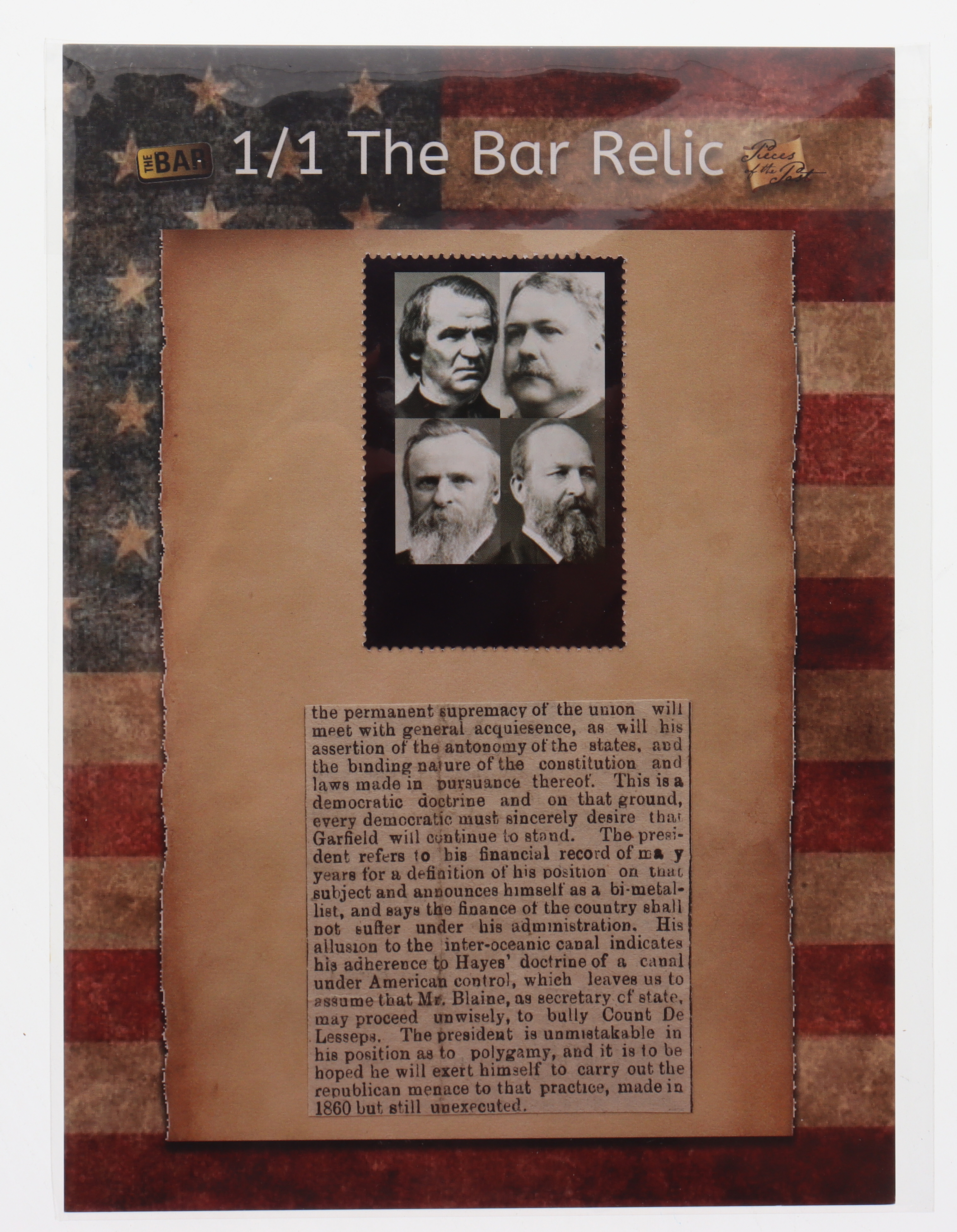 2018 The Bar Jumbo Relic #NNO (Andrew Johnson,Chester A. Arthur,James A Garfield,Rutherford Hayes) at PristineAuction.com 2018 The Bar Jumbo Relic #NNO (Andrew Johnson,Chester A. Arthur,James A Garfield,Rutherford Hayes) at PristineAuction.com