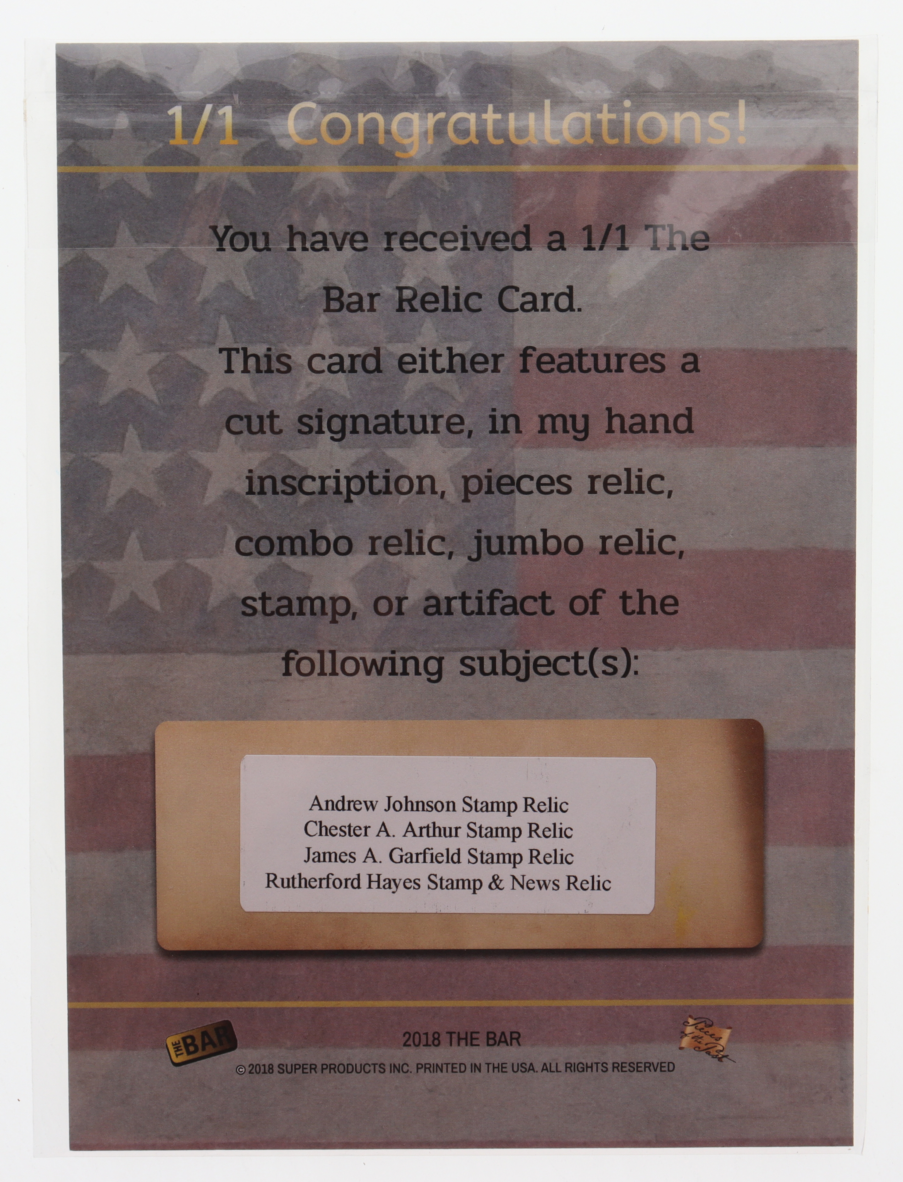 2018 The Bar Jumbo Relic #NNO (Andrew Johnson,Chester A. Arthur,James A Garfield,Rutherford Hayes) at PristineAuction.com 2018 The Bar Jumbo Relic #NNO (Andrew Johnson,Chester A. Arthur,James A Garfield,Rutherford Hayes) at PristineAuction.com