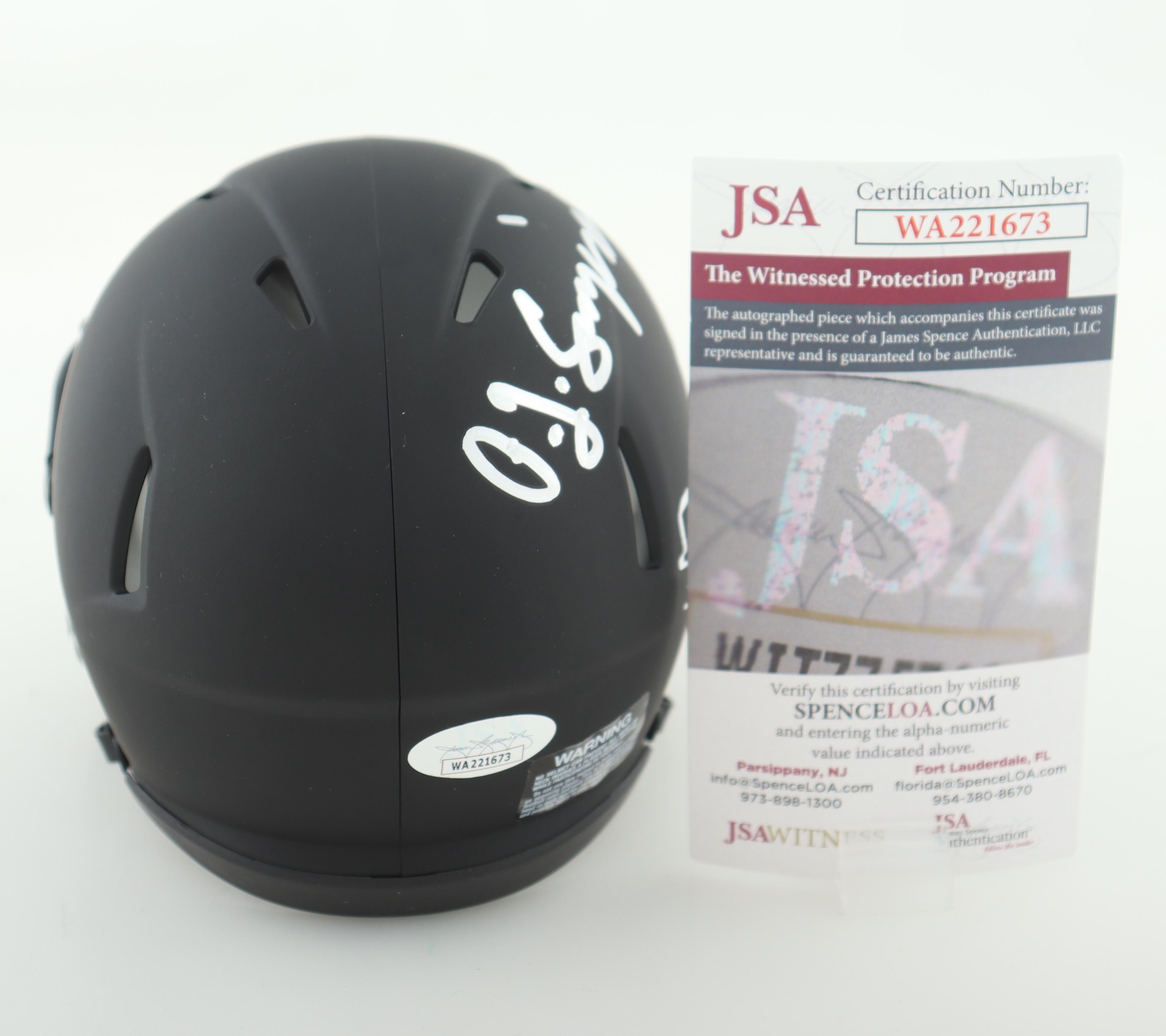 O. J. Simpson Signed Matte Black Speed Mini Helmet Inscribed "HOF 85'" (JSA) at PristineAuction.com O. J. Simpson Signed Matte Black Speed Mini Helmet Inscribed "HOF 85'" (JSA) at PristineAuction.com