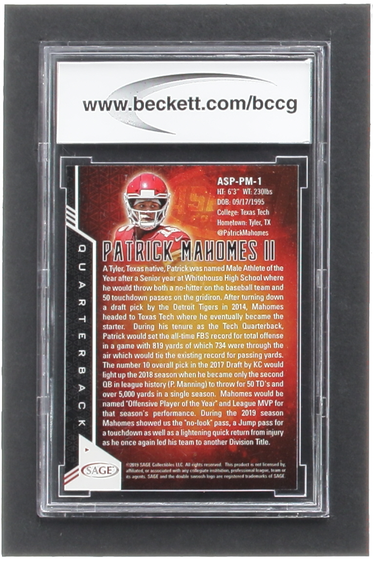 Patrick Mahomes II 2019 SAGE Aspire #ASPPM1 (BCCG 10) at PristineAuction.com Patrick Mahomes II 2019 SAGE Aspire #ASPPM1 (BCCG 10) at PristineAuction.com