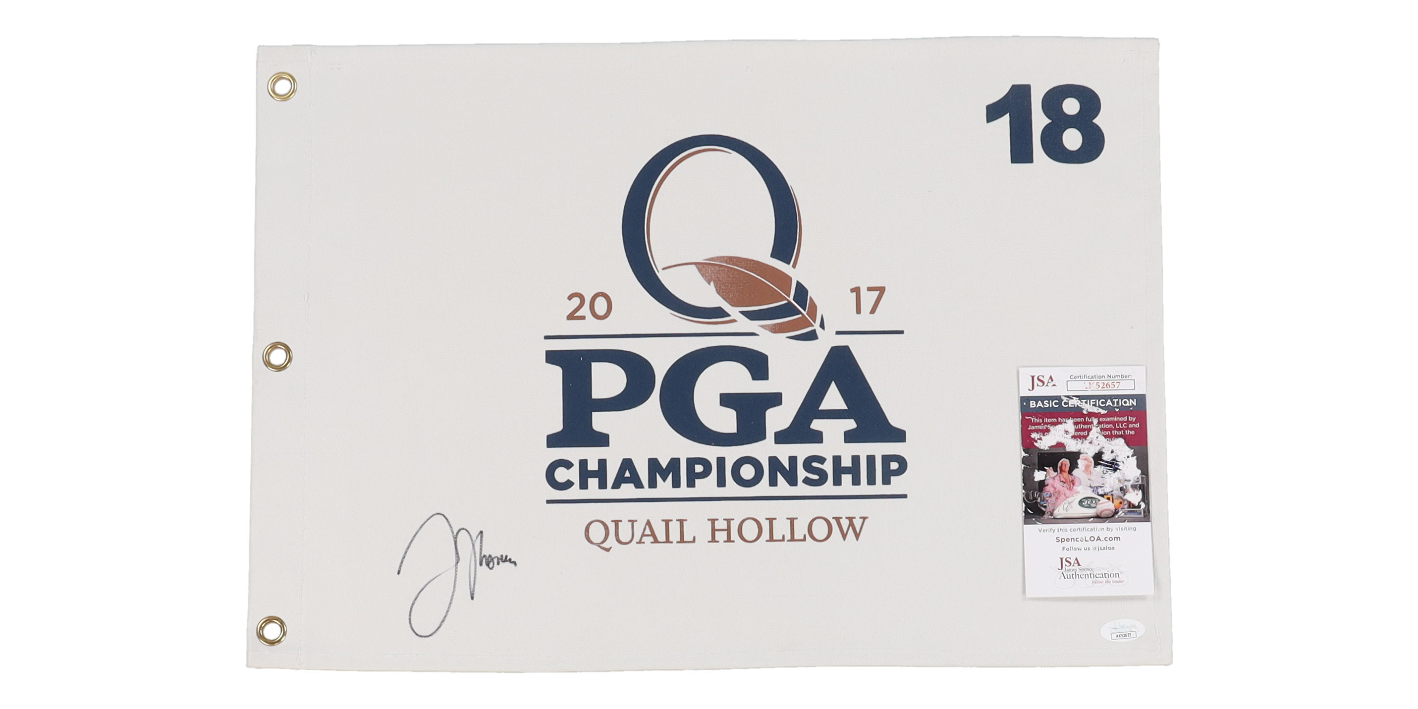 Justin Thomas Signed 2017 PGA Quail Hollow Pin Flag (JSA) at PristineAuction.com Justin Thomas Signed 2017 PGA Quail Hollow Pin Flag (JSA) at PristineAuction.com