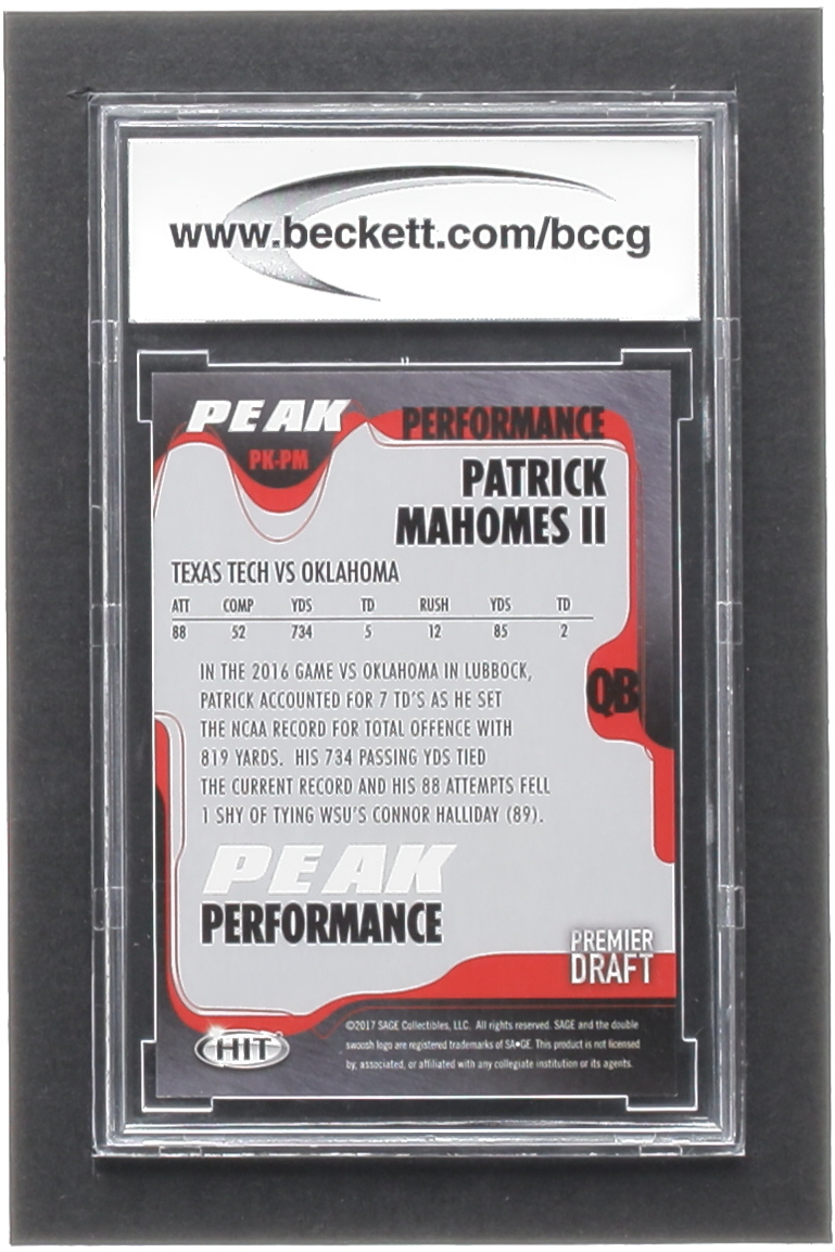 Patrick Mahomes II 2017 SAGE HIT Premier Draft Peak Performance #PKPM (BCCG 10) at PristineAuction.com Patrick Mahomes II 2017 SAGE HIT Premier Draft Peak Performance #PKPM (BCCG 10) at PristineAuction.com