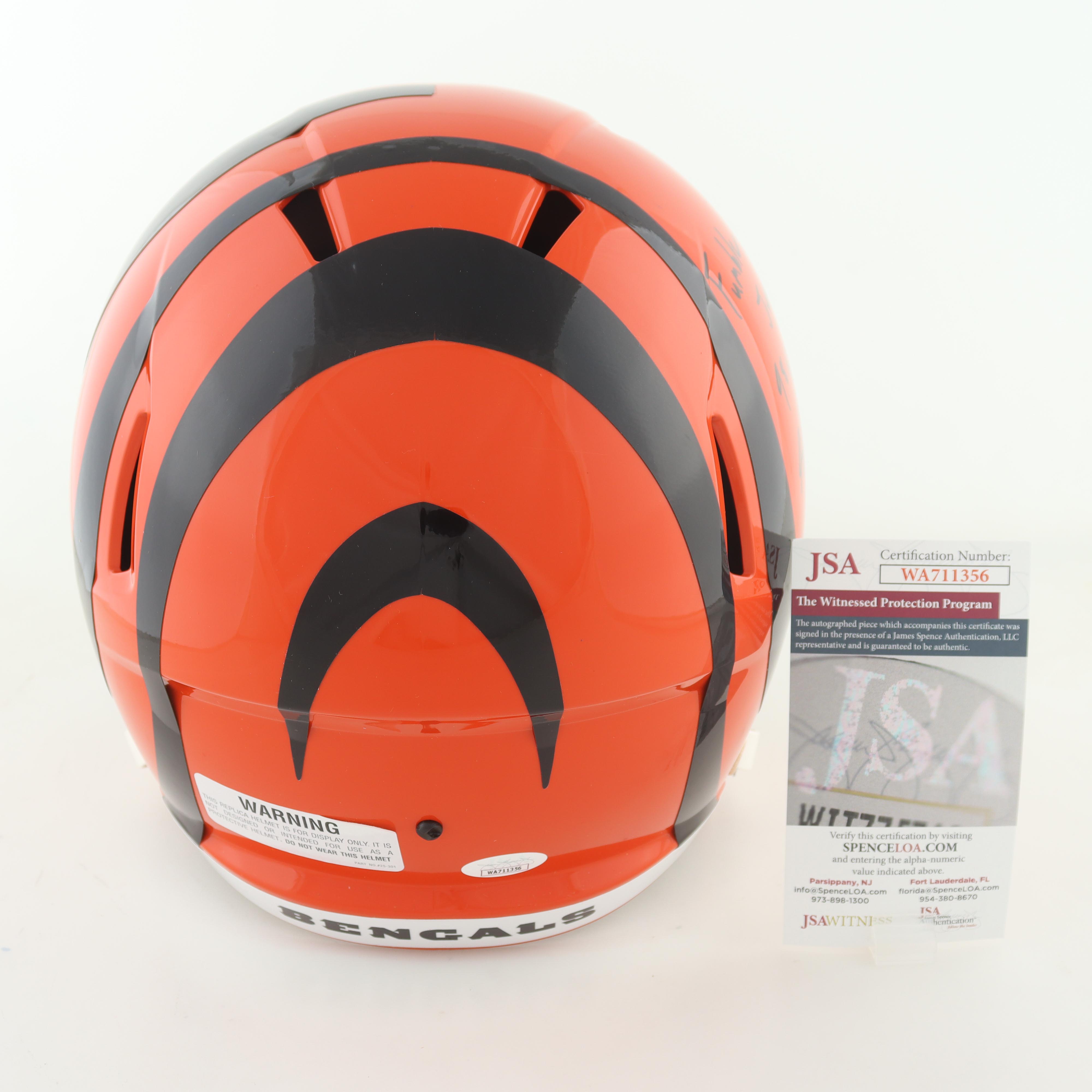 Sam Hubbard Signed Bengals Full-Size Speed Helmet Inscribed "Rumble In The Jungle!" & "98 YD!" (JSA) at PristineAuction.com Sam Hubbard Signed Bengals Full-Size Speed Helmet Inscribed "Rumble In The Jungle!" & "98 YD!" (JSA) at PristineAuction.com