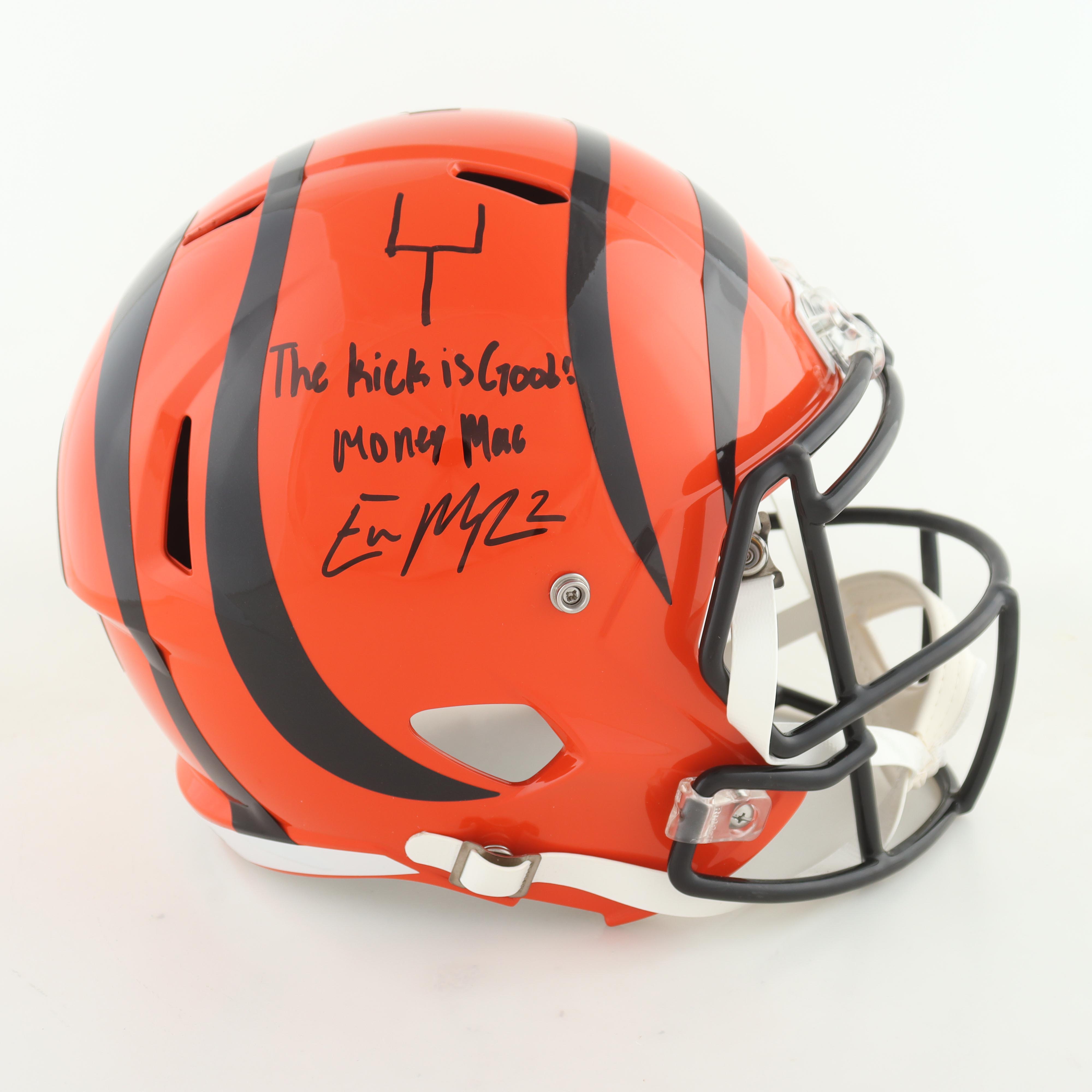 Evan McPherson Signed Bengals Full-Size Speed Helmet Inscribed "The Kick Is Good" & "Money Mac" (JSA) at PristineAuction.com Evan McPherson Signed Bengals Full-Size Speed Helmet Inscribed "The Kick Is Good" & "Money Mac" (JSA) at PristineAuction.com