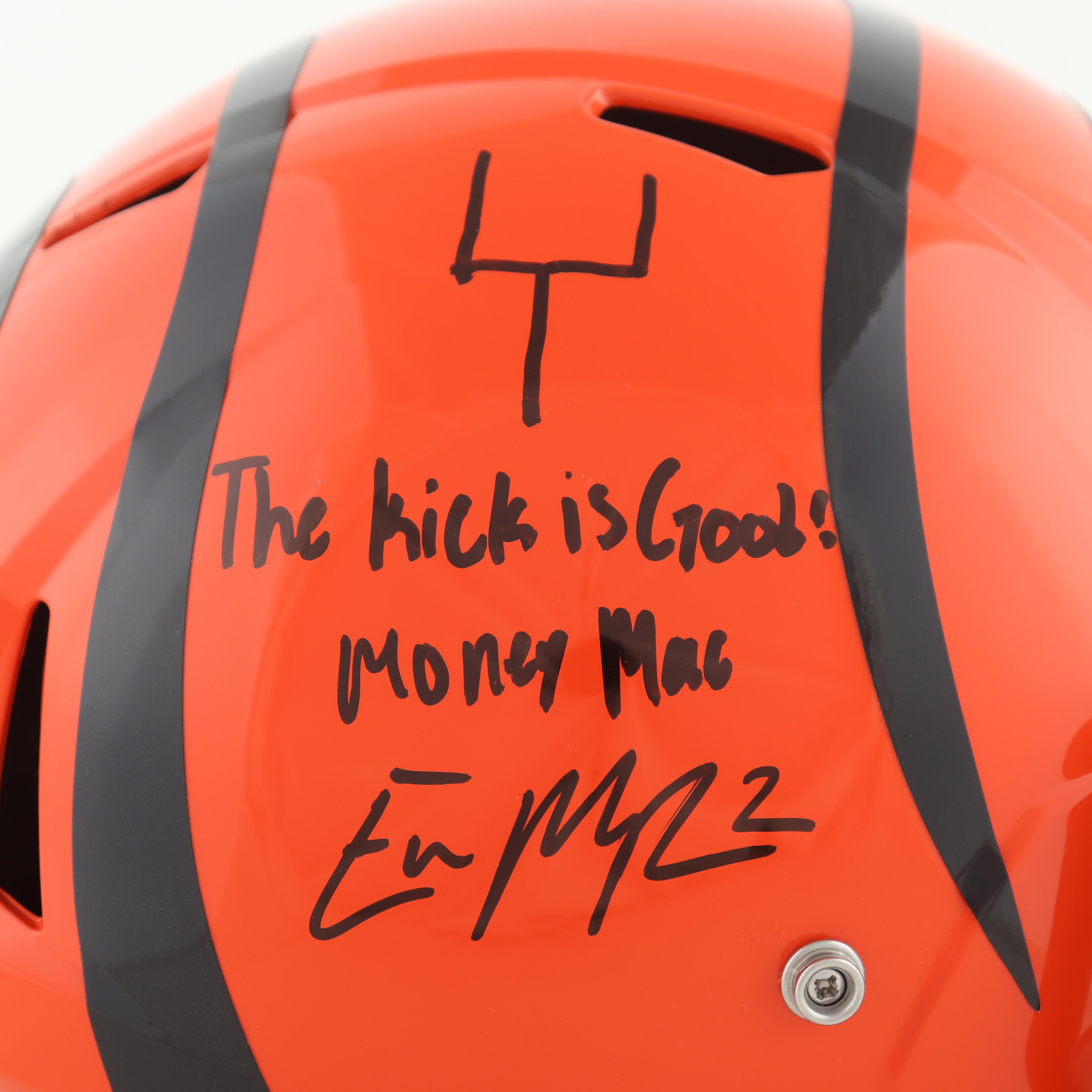 Evan McPherson Signed Bengals Full-Size Speed Helmet Inscribed "The Kick Is Good" & "Money Mac" (JSA) at PristineAuction.com Evan McPherson Signed Bengals Full-Size Speed Helmet Inscribed "The Kick Is Good" & "Money Mac" (JSA) at PristineAuction.com