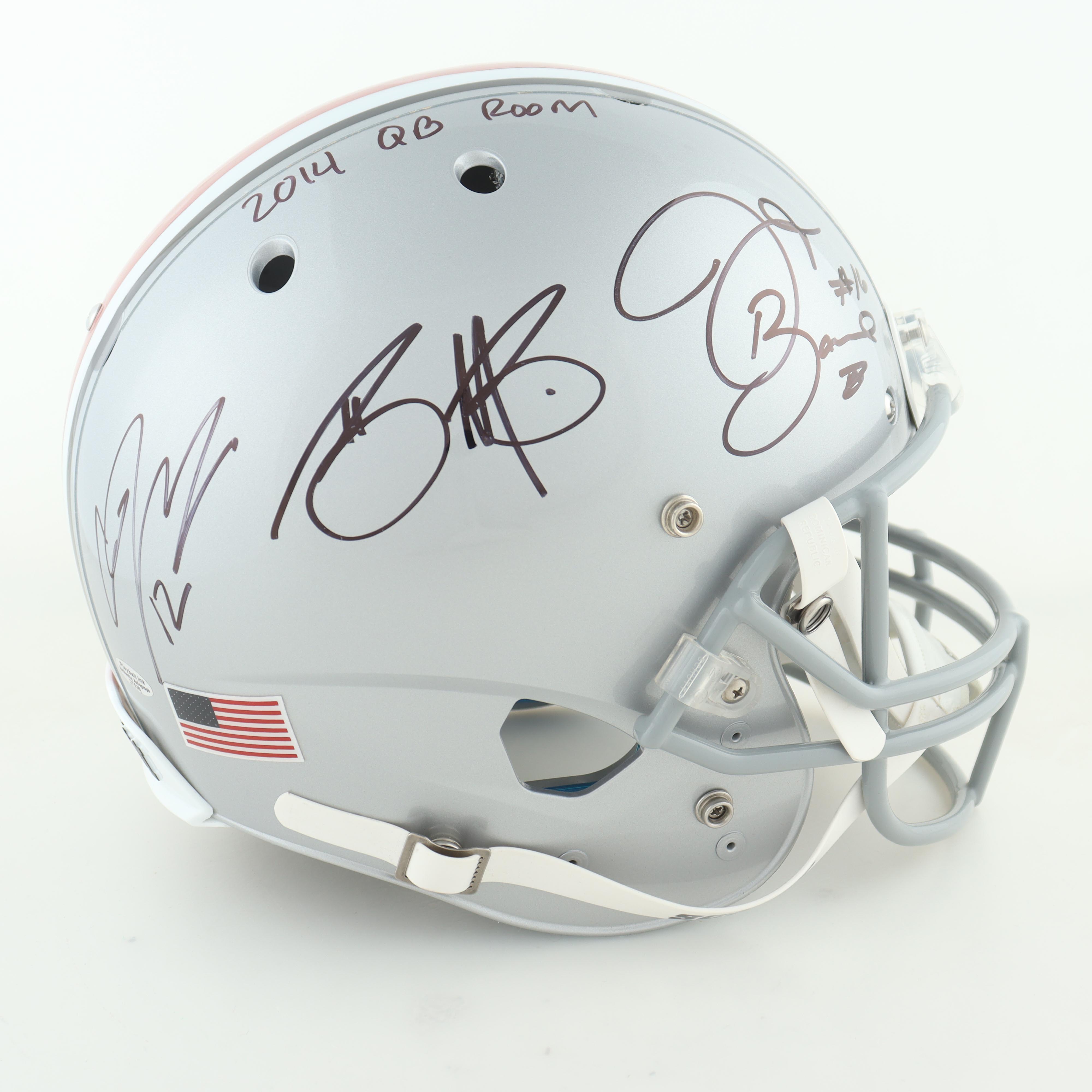 J. T. Barrett, Braxton Miller & Cardale Jones Signed Ohio State Buckeyes Full-Size Helmet Inscribed "2014 QB Room" (Playball Ink) at PristineAuction.com J. T. Barrett, Braxton Miller & Cardale Jones Signed Ohio State Buckeyes Full-Size Helmet Inscribed "2014 QB Room" (Playball Ink) at PristineAuction.com