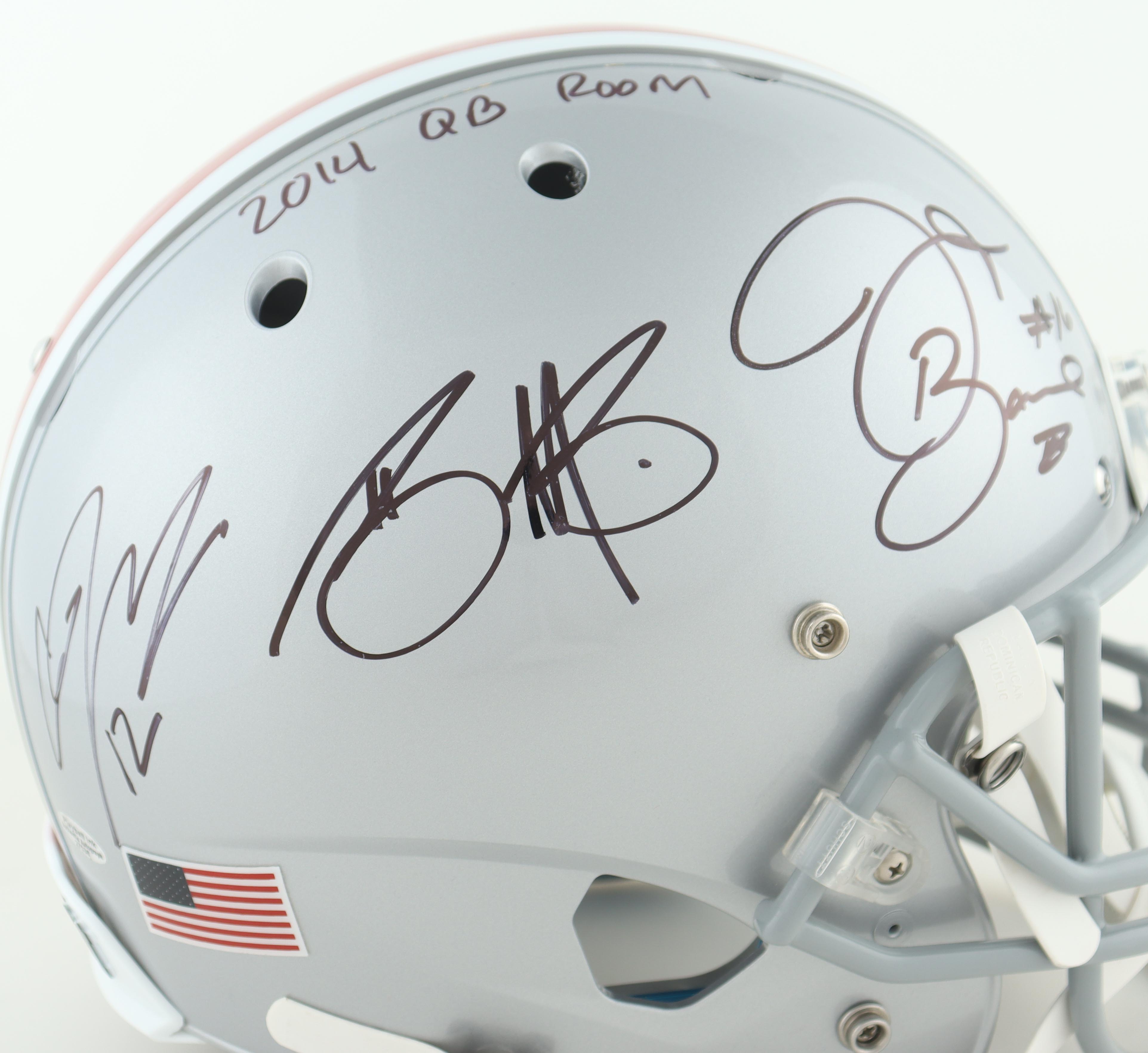 J. T. Barrett, Braxton Miller & Cardale Jones Signed Ohio State Buckeyes Full-Size Helmet Inscribed "2014 QB Room" (Playball Ink) at PristineAuction.com J. T. Barrett, Braxton Miller & Cardale Jones Signed Ohio State Buckeyes Full-Size Helmet Inscribed "2014 QB Room" (Playball Ink) at PristineAuction.com