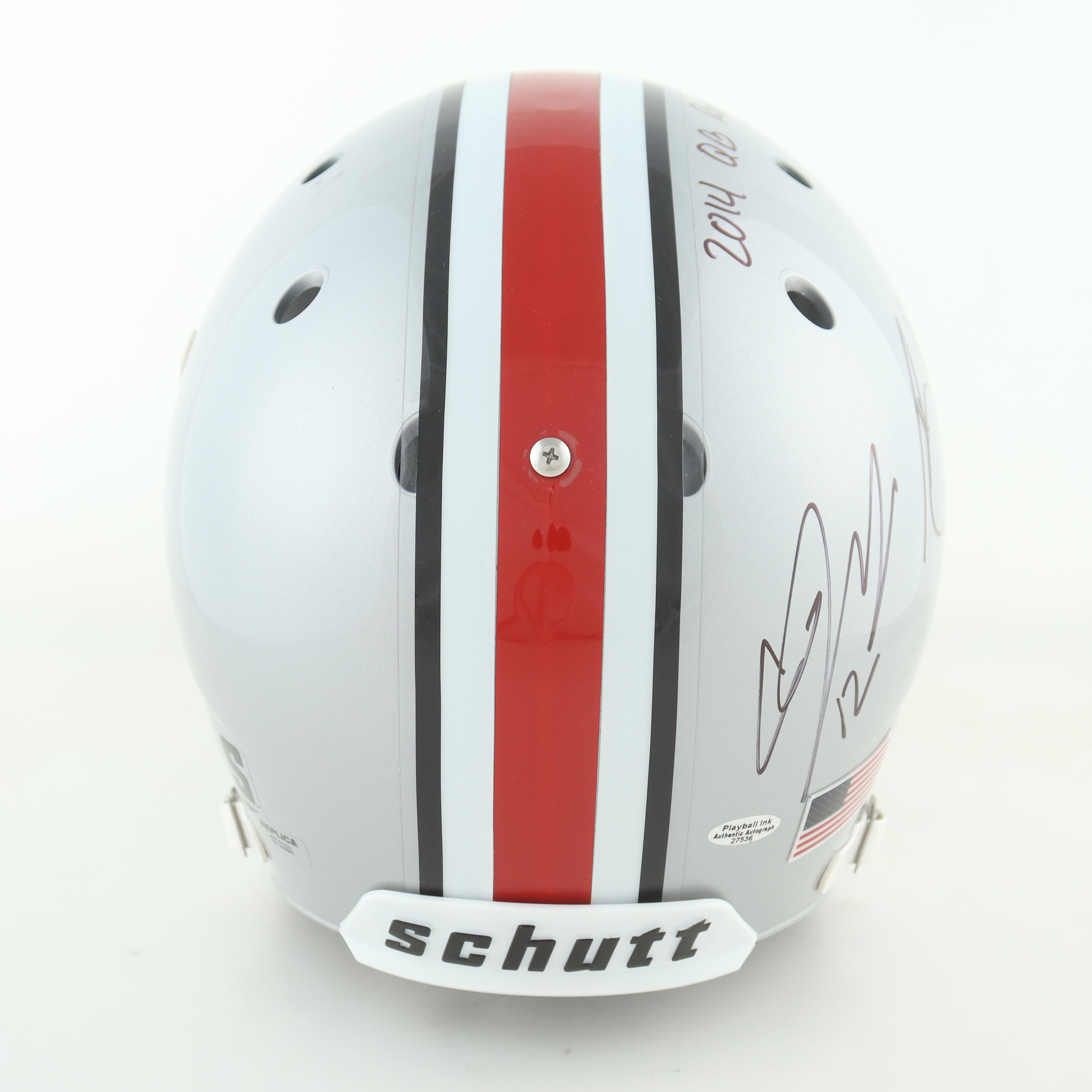 J. T. Barrett, Braxton Miller & Cardale Jones Signed Ohio State Buckeyes Full-Size Helmet Inscribed "2014 QB Room" (Playball Ink) at PristineAuction.com J. T. Barrett, Braxton Miller & Cardale Jones Signed Ohio State Buckeyes Full-Size Helmet Inscribed "2014 QB Room" (Playball Ink) at PristineAuction.com