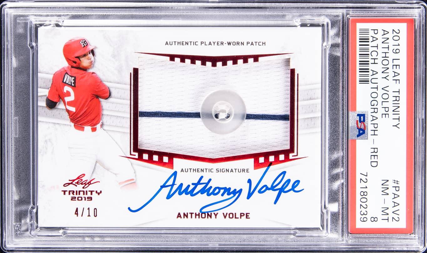Anthony Volpe 2019 Leaf Trinity Patch Autograph Red #PA-AV2 #4/10 (PSA 8) at PristineAuction.com Anthony Volpe 2019 Leaf Trinity Patch Autograph Red #PA-AV2 #4/10 (PSA 8) at PristineAuction.com