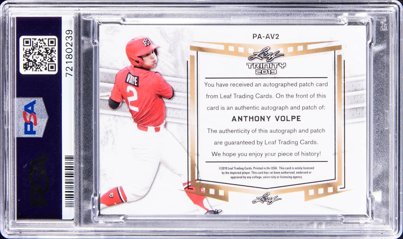 Anthony Volpe 2019 Leaf Trinity Patch Autograph Red #PA-AV2 #4/10 (PSA 8) at PristineAuction.com Anthony Volpe 2019 Leaf Trinity Patch Autograph Red #PA-AV2 #4/10 (PSA 8) at PristineAuction.com