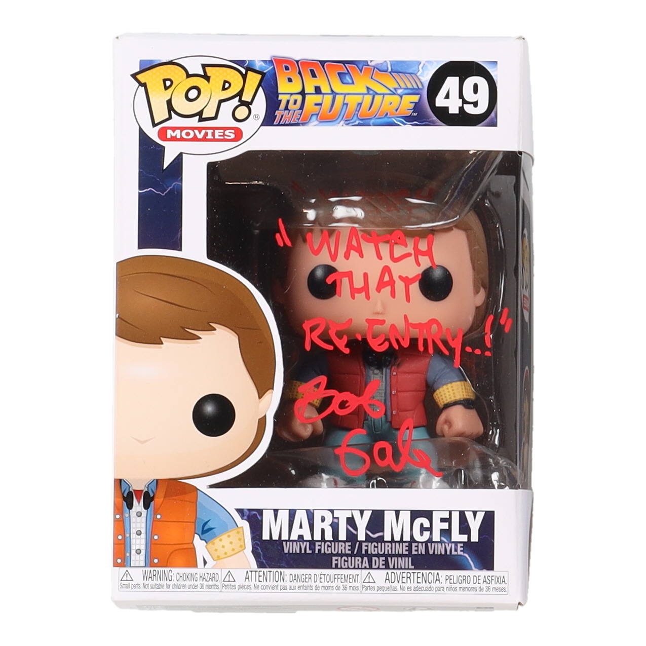 Bob Gale Signed "Back to the Future" #49 Marty McFly Funko Pop! Vinyl Figure Inscribed "Watch That Re-Entry..!" (AutographCOA) at PristineAuction.com Bob Gale Signed "Back to the Future" #49 Marty McFly Funko Pop! Vinyl Figure Inscribed "Watch That Re-Entry..!" (AutographCOA) at PristineAuction.com