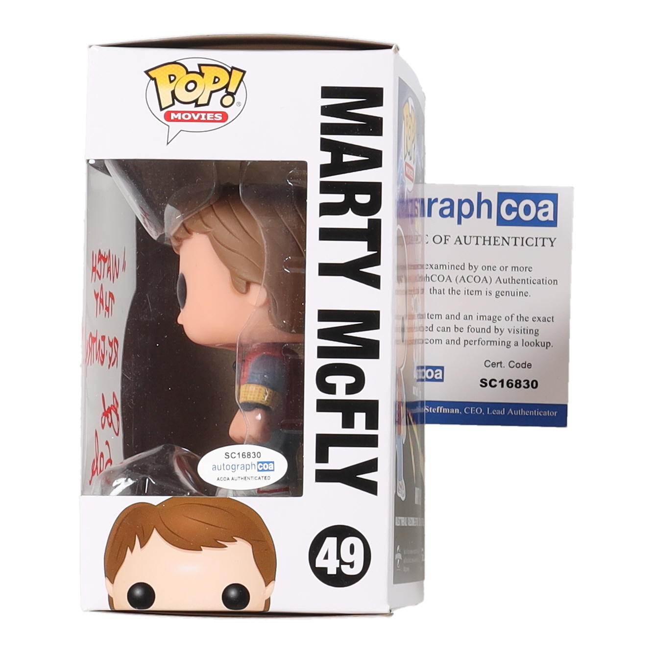 Bob Gale Signed "Back to the Future" #49 Marty McFly Funko Pop! Vinyl Figure Inscribed "Watch That Re-Entry..!" (AutographCOA) at PristineAuction.com Bob Gale Signed "Back to the Future" #49 Marty McFly Funko Pop! Vinyl Figure Inscribed "Watch That Re-Entry..!" (AutographCOA) at PristineAuction.com
