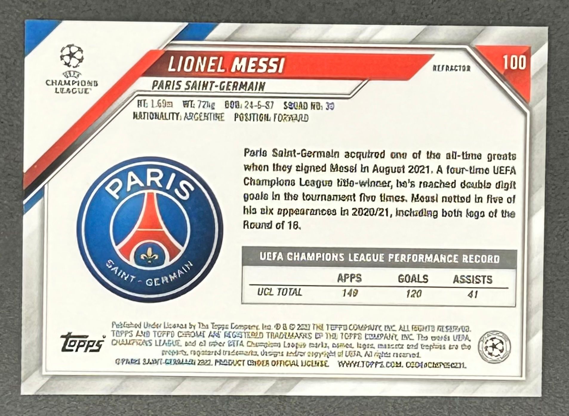 Lionel Messi 2021-22 Topps Chrome UEFA Champions League Refractors #100 at PristineAuction.com Lionel Messi 2021-22 Topps Chrome UEFA Champions League Refractors #100 at PristineAuction.com