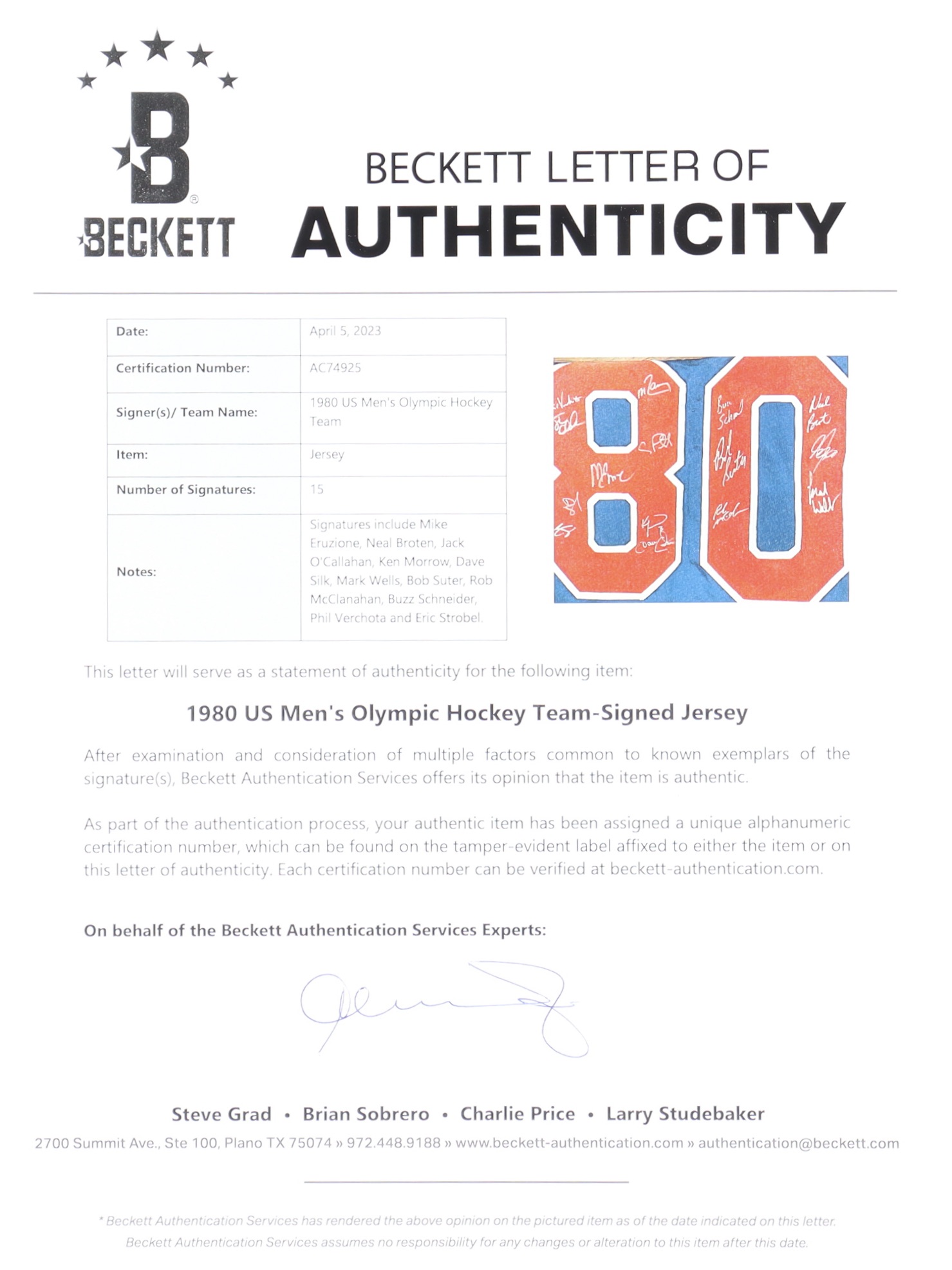 "Miracle On Ice" Jersey Signed by (15) with Steve Janaszak, Craig Patrick, Dave Christian, Ken Morrow (Beckett) at PristineAuction.com "Miracle On Ice" Jersey Signed by (15) with Steve Janaszak, Craig Patrick, Dave Christian, Ken Morrow (Beckett) at PristineAuction.com