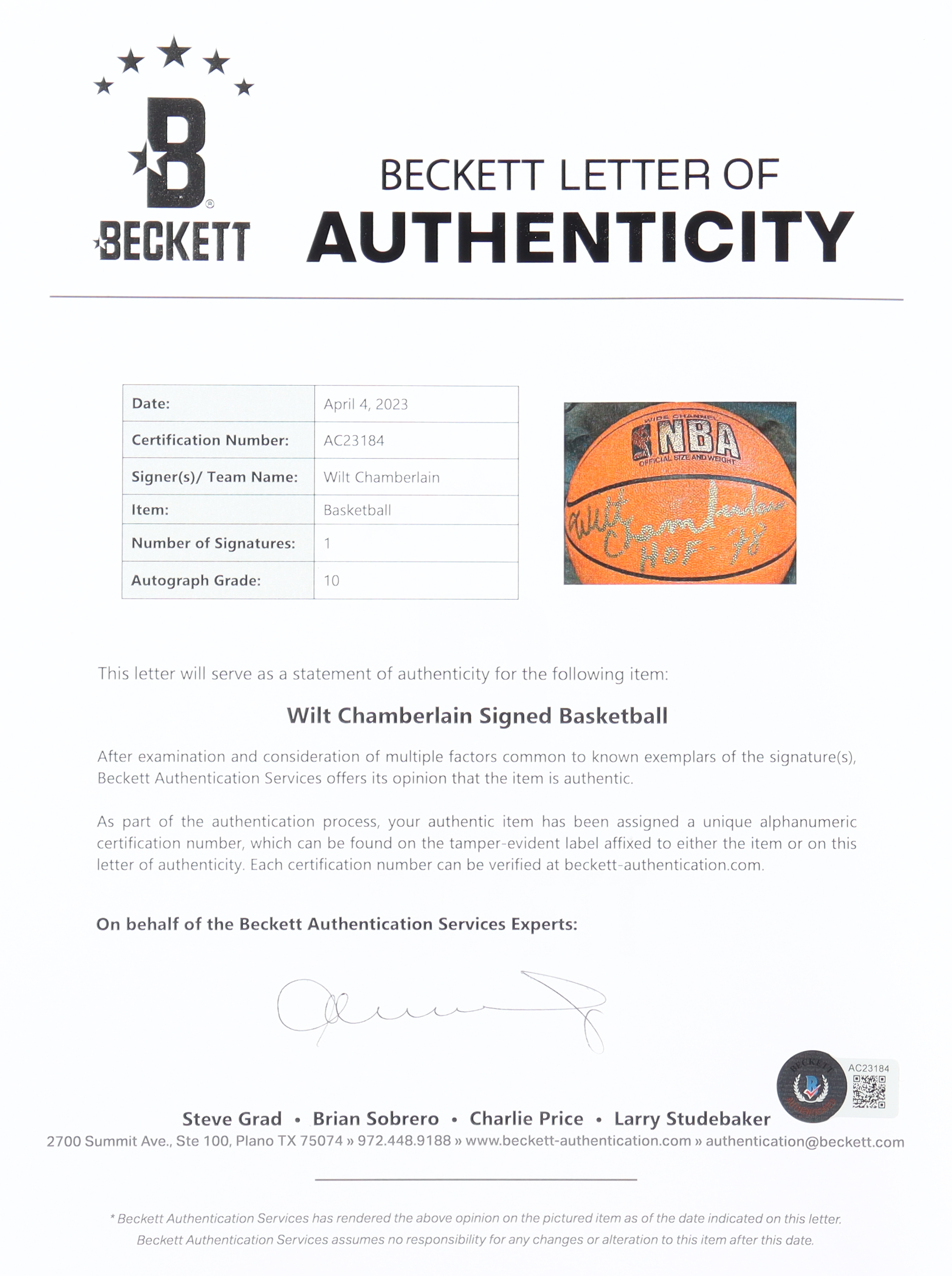 Wilt Chamberlain Signed NBA Basketball Inscribed "HOF 78" (Beckett & JSA) at PristineAuction.com Wilt Chamberlain Signed NBA Basketball Inscribed "HOF 78" (Beckett & JSA) at PristineAuction.com