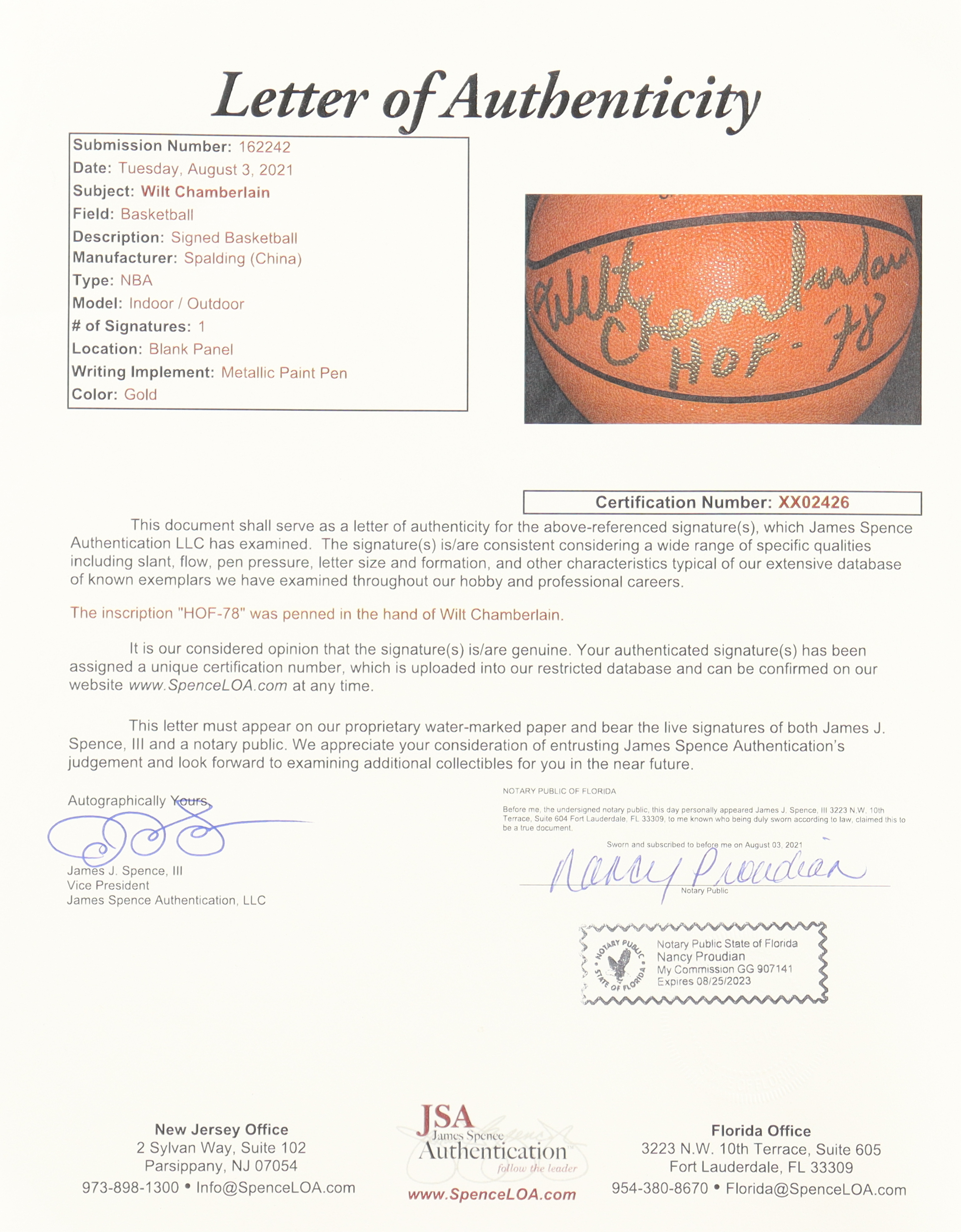 Wilt Chamberlain Signed NBA Basketball Inscribed "HOF 78" (Beckett & JSA) at PristineAuction.com Wilt Chamberlain Signed NBA Basketball Inscribed "HOF 78" (Beckett & JSA) at PristineAuction.com