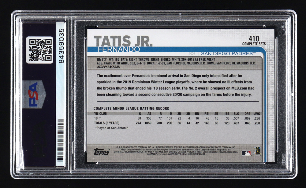 Fernando Tatis Jr. Signed 2019 Topps Base Set Photo Variations #410 / White jersey Retail Factory (PSA) at PristineAuction.com Fernando Tatis Jr. Signed 2019 Topps Base Set Photo Variations #410 / White jersey Retail Factory (PSA) at PristineAuction.com