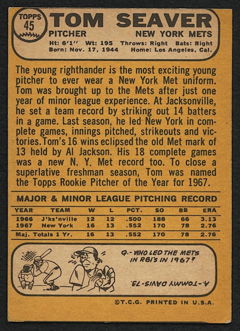 Tom Seaver 1968 Topps #45 at PristineAuction.com Tom Seaver 1968 Topps #45 at PristineAuction.com