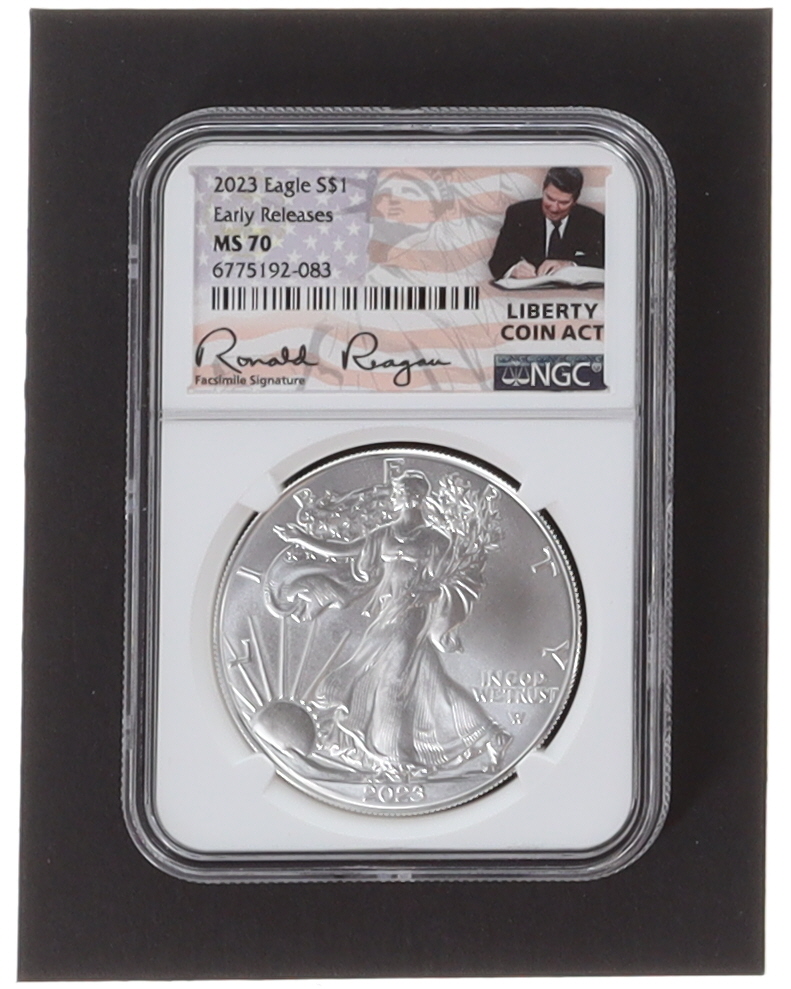 2023 American Silver Eagle - Early Releases - Ronald Reagan Label (NGC MS70) at PristineAuction.com 2023 American Silver Eagle - Early Releases - Ronald Reagan Label (NGC MS70) at PristineAuction.com