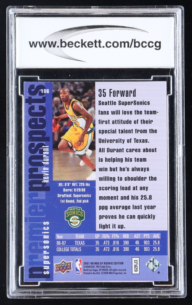 Kevin Durant 2007-08 SP Rookie Edition #106 96-97 RC (BCCG 10) at PristineAuction.com Kevin Durant 2007-08 SP Rookie Edition #106 96-97 RC (BCCG 10) at PristineAuction.com