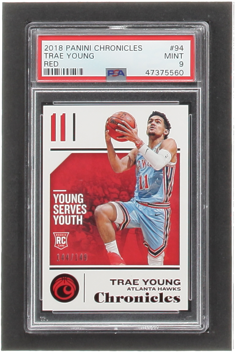 Trae Young 2018-19 Panini Chronicles Red #94 RC #144/149 (PSA 9) at PristineAuction.com Trae Young 2018-19 Panini Chronicles Red #94 RC #144/149 (PSA 9) at PristineAuction.com