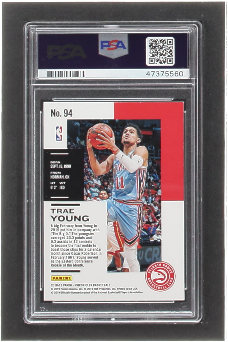 Trae Young 2018-19 Panini Chronicles Red #94 RC #144/149 (PSA 9) at PristineAuction.com Trae Young 2018-19 Panini Chronicles Red #94 RC #144/149 (PSA 9) at PristineAuction.com