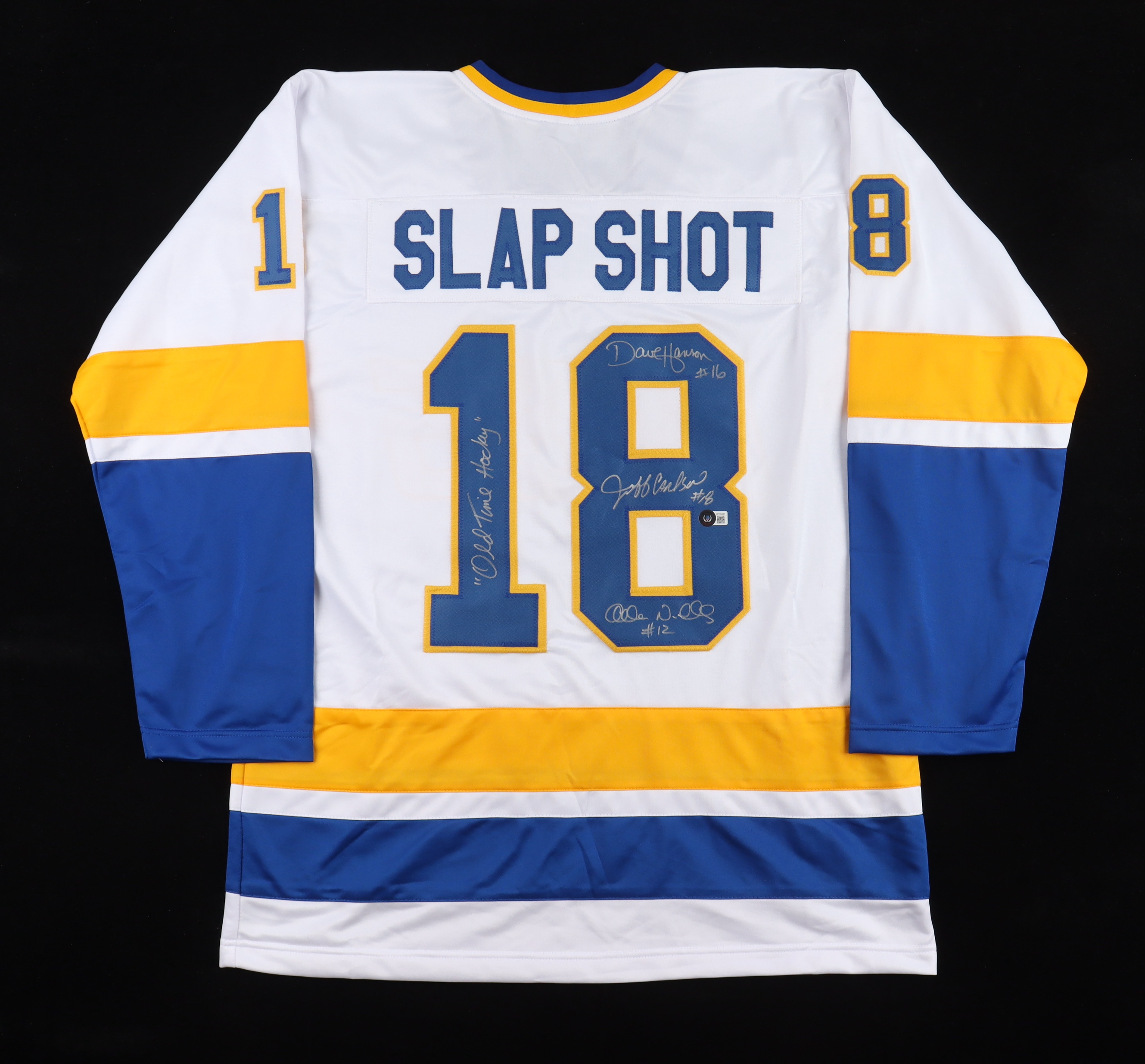 Dave Hanson, Allan F. Nicholls & Jeff Carlson Signed Jersey Inscribed "Old Time Hockey" (Beckett) at PristineAuction.com Dave Hanson, Allan F. Nicholls & Jeff Carlson Signed Jersey Inscribed "Old Time Hockey" (Beckett) at PristineAuction.com