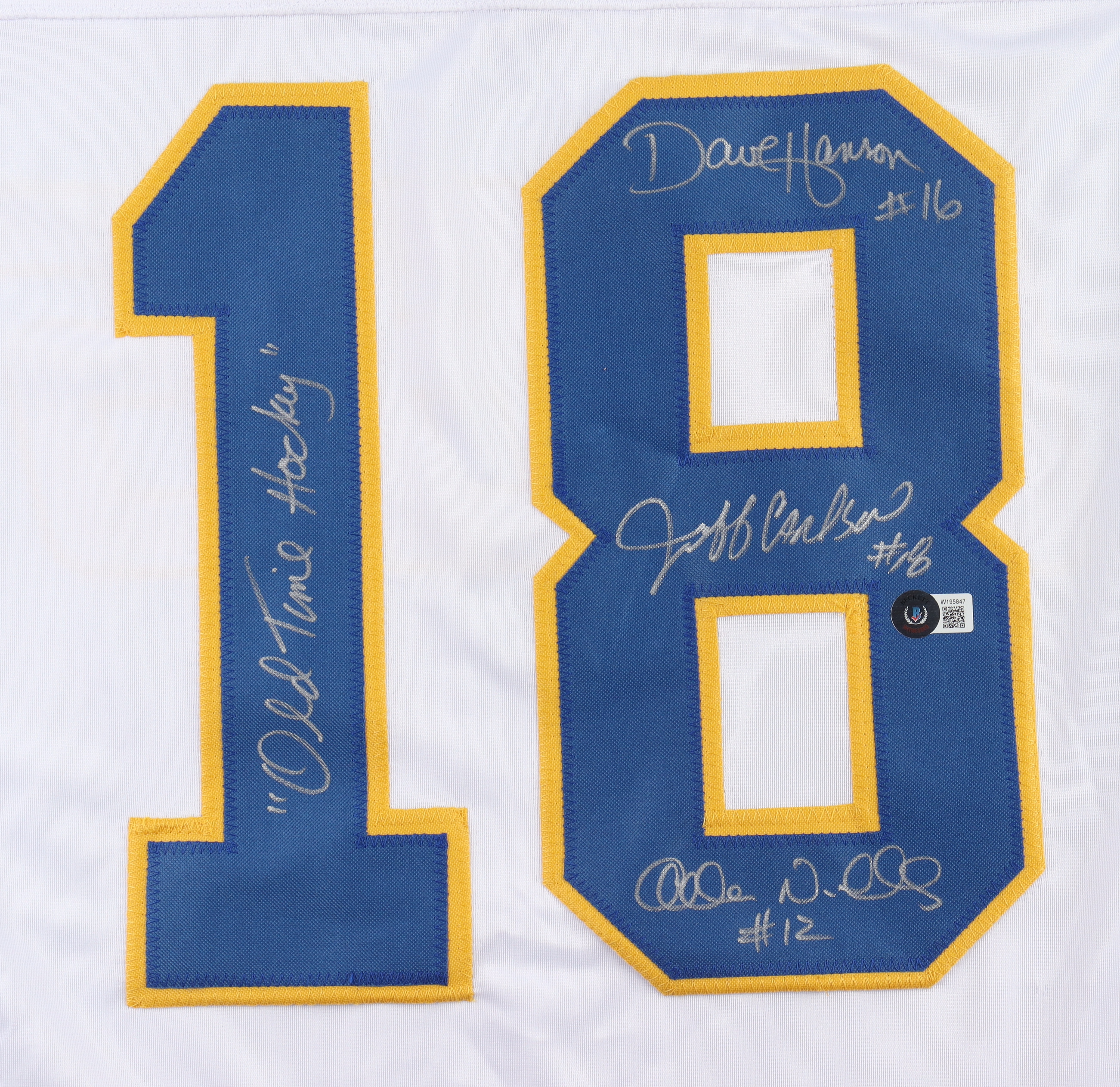 Dave Hanson, Allan F. Nicholls & Jeff Carlson Signed Jersey Inscribed "Old Time Hockey" (Beckett) at PristineAuction.com Dave Hanson, Allan F. Nicholls & Jeff Carlson Signed Jersey Inscribed "Old Time Hockey" (Beckett) at PristineAuction.com