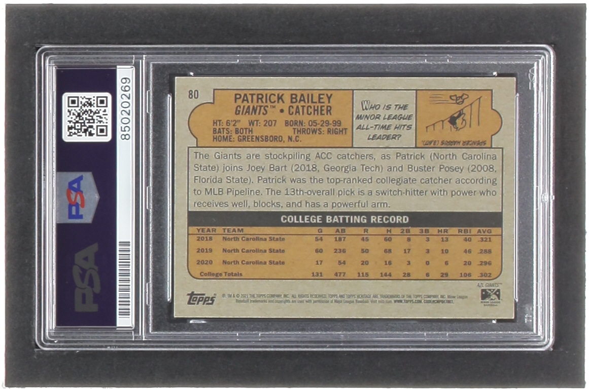 Patrick Bailey Signed 2021 Topps Heritage Minors #80 RC (PSA) at PristineAuction.com Patrick Bailey Signed 2021 Topps Heritage Minors #80 RC (PSA) at PristineAuction.com
