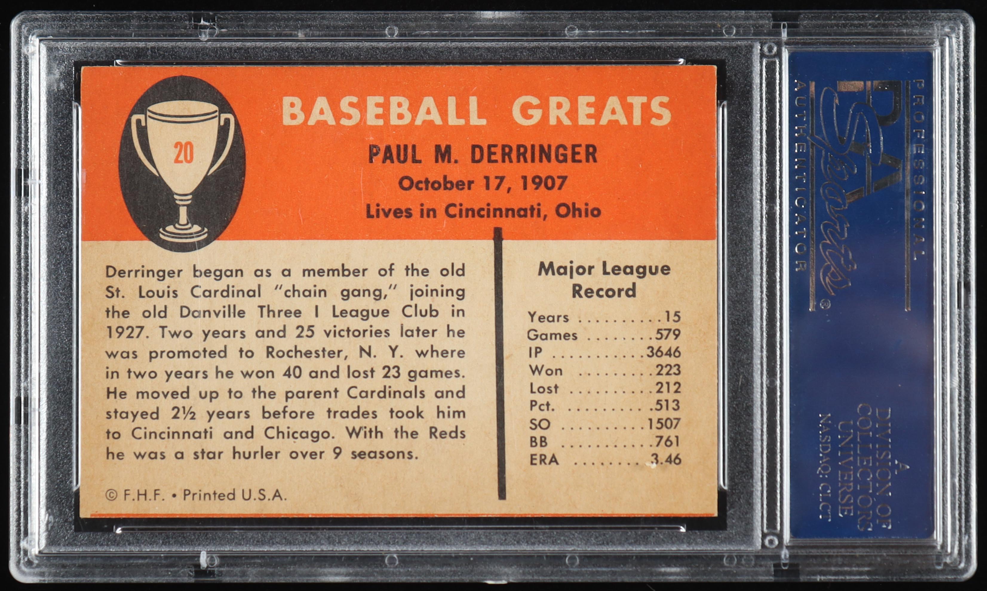 Paul Derringer 1961 Fleer #20 (PSA 6) at PristineAuction.com Paul Derringer 1961 Fleer #20 (PSA 6) at PristineAuction.com