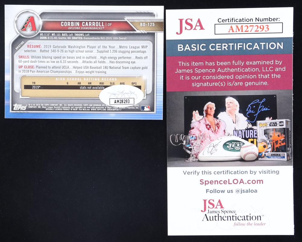 Corbin Carroll Signed 2019 Bowman Draft #BD125 (JSA) at PristineAuction.com Corbin Carroll Signed 2019 Bowman Draft #BD125 (JSA) at PristineAuction.com