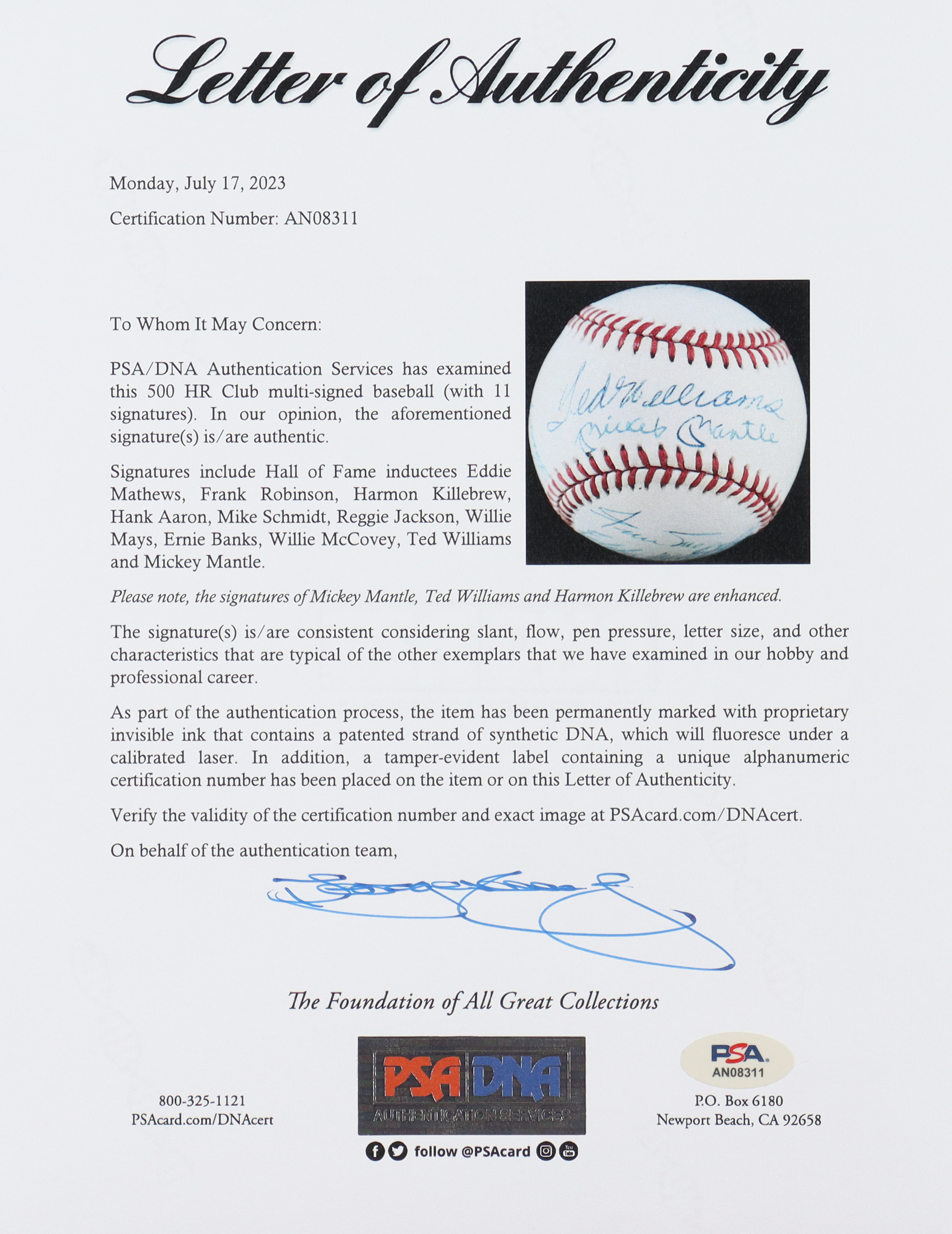 500 Home Run Club OAL Baseball Signed By (11) With Mickey Mantle, Ted Williams, Willie Mays, Ernie Banks, Hank Aaron (PSA) at PristineAuction.com 500 Home Run Club OAL Baseball Signed By (11) With Mickey Mantle, Ted Williams, Willie Mays, Ernie Banks, Hank Aaron (PSA) at PristineAuction.com