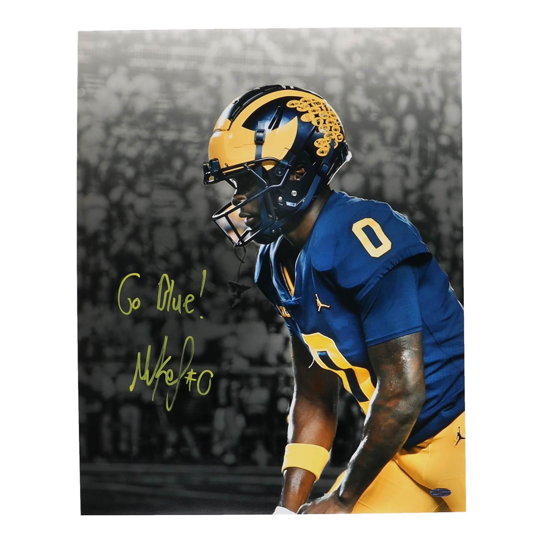 Mike Sainristil Signed Michigan Wolverines 16x20 Photo Inscribed "Go Blue" (Playball Ink) at PristineAuction.com Mike Sainristil Signed Michigan Wolverines 16x20 Photo Inscribed "Go Blue" (Playball Ink) at PristineAuction.com