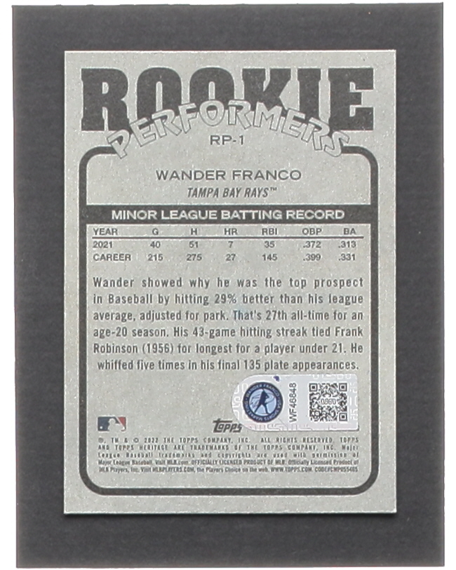 Wander Franco Signed 2022 Topps Heritage High Number Rookie Performers #RP1 RC (Franco) at PristineAuction.com Wander Franco Signed 2022 Topps Heritage High Number Rookie Performers #RP1 RC (Franco) at PristineAuction.com