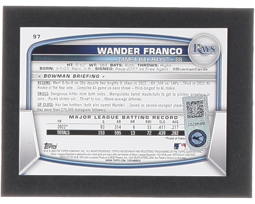 Wander Franco Signed 2023 Bowman #97 (Franco) at PristineAuction.com Wander Franco Signed 2023 Bowman #97 (Franco) at PristineAuction.com